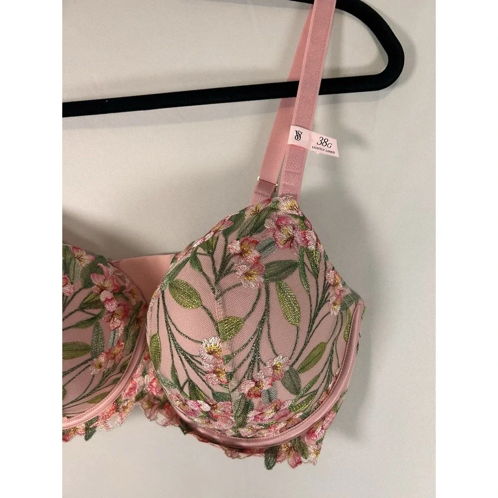 Victoria's Secret Dream Angels Bra 38G Wicked Lily Embroidery Pink Lightly Lined